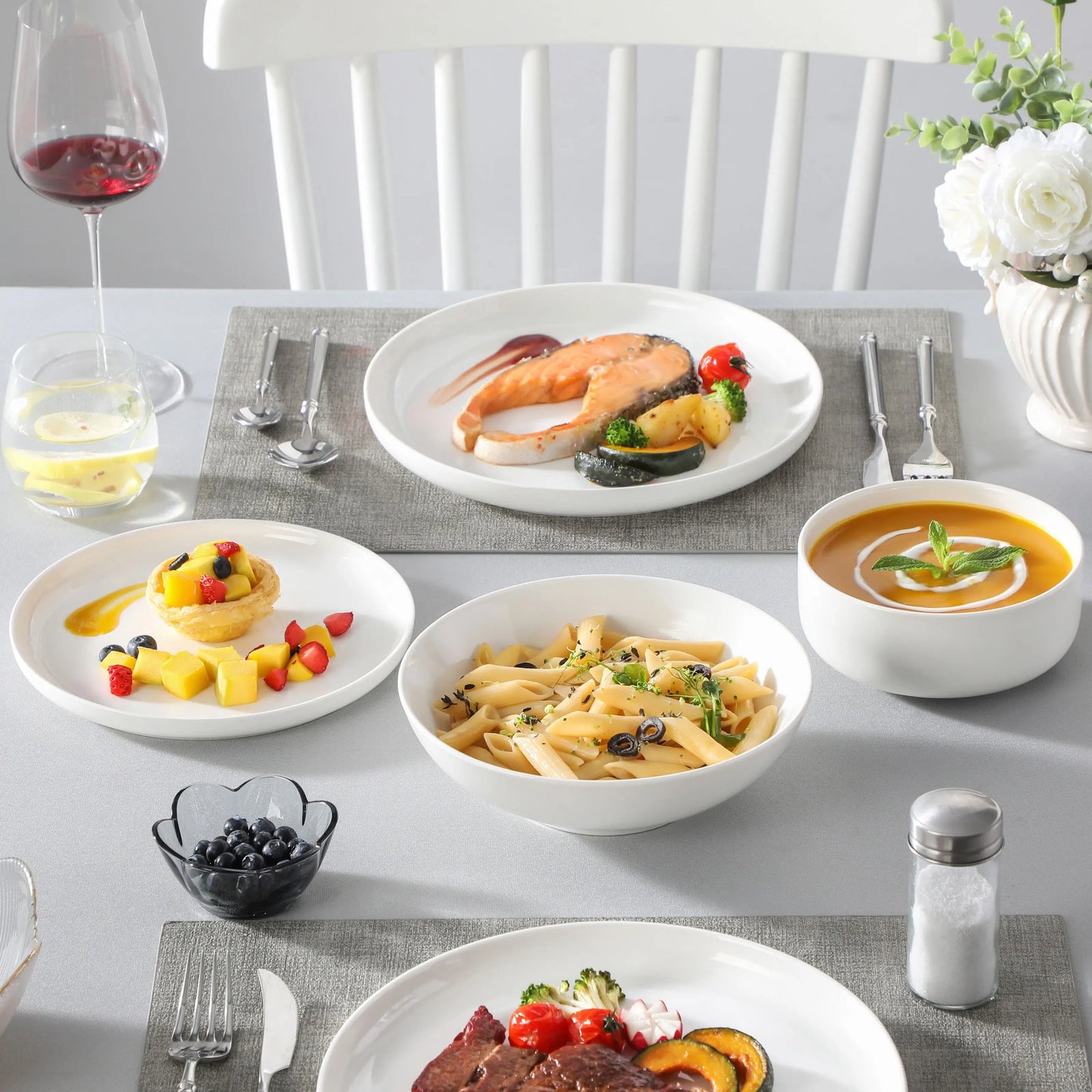 24 Piece Porcelain Dinnerware Set Ivory White Square Dinner Service for 6 Includes Dinner Plates, Soup Plates, Dessert Plates & Bowls FDA Certified, Microwave & Dishwasher Safe