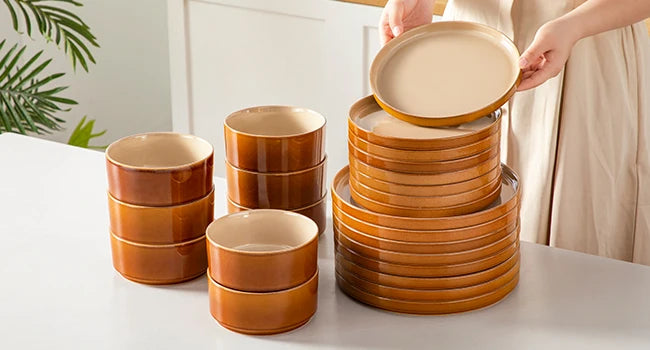 24-Piece Ceramic Dinnerware Set – Service for 8 | Reactive Glaze Plates & Bowls – Brown