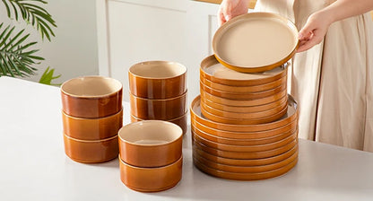 24-Piece Ceramic Dinnerware Set – Service for 8 | Reactive Glaze Plates & Bowls – Brown