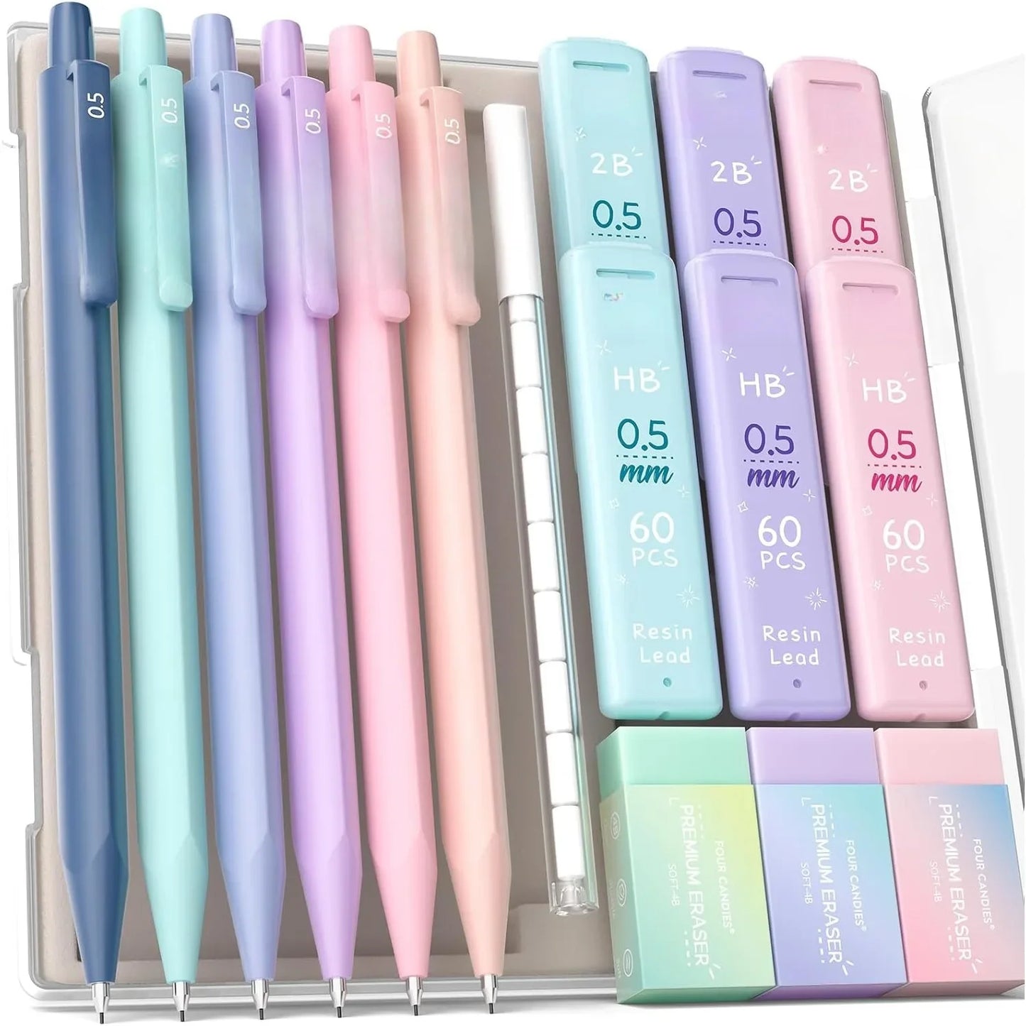 0.5mm Mechanical Pencil Set – Includes HB/2B Lead, Color Erasers & Refills (16-Pack)