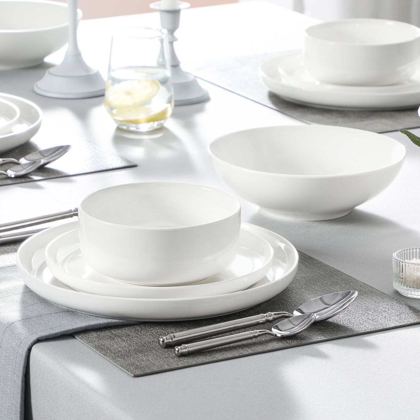 24 Piece Porcelain Dinnerware Set Ivory White Square Dinner Service for 6 Includes Dinner Plates, Soup Plates, Dessert Plates & Bowls FDA Certified, Microwave & Dishwasher Safe