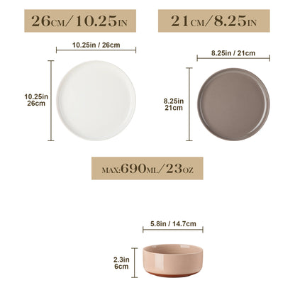 12/24-Piece Stoneware Dinnerware Set – Sesame Glaze Plates with Curved Edges, Includes Dinner Plates, Dessert Plates & Bowls (4 or 6 Settings)