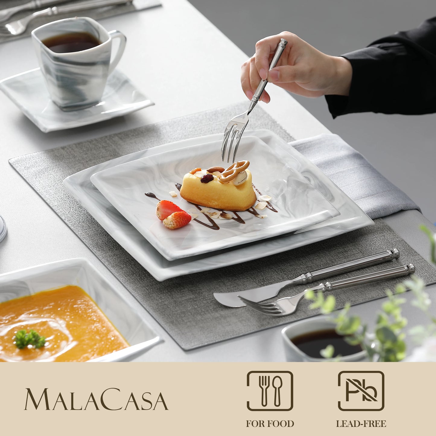 30/60PCS Marble Grey Porcelain Tableware Dinnerware Set with 6PCS Dessert/Soup/Dinner Plate/Cup/Saucer,Service for 12