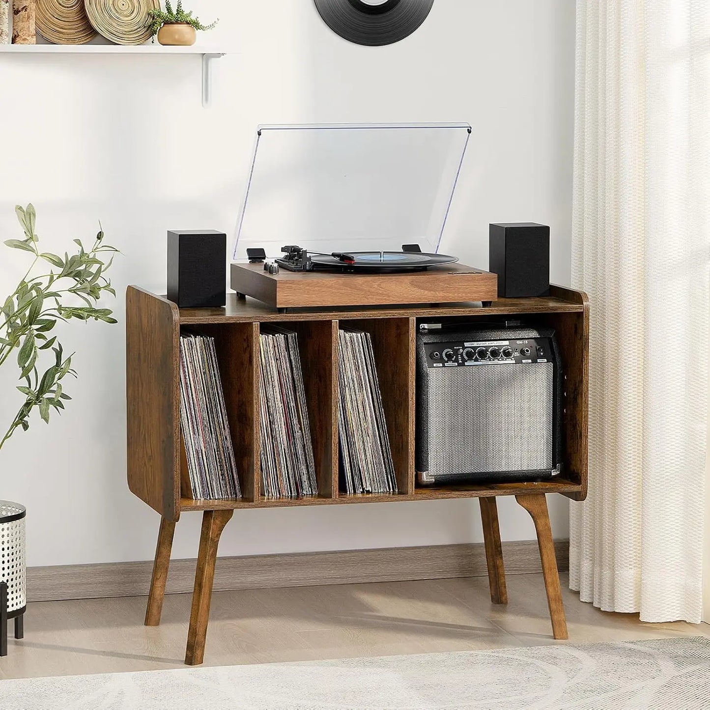 Record Player Stand with 4 Cabinet Holds Up to 220 Albums, Large Turntable Stand with Beech Wood Legs