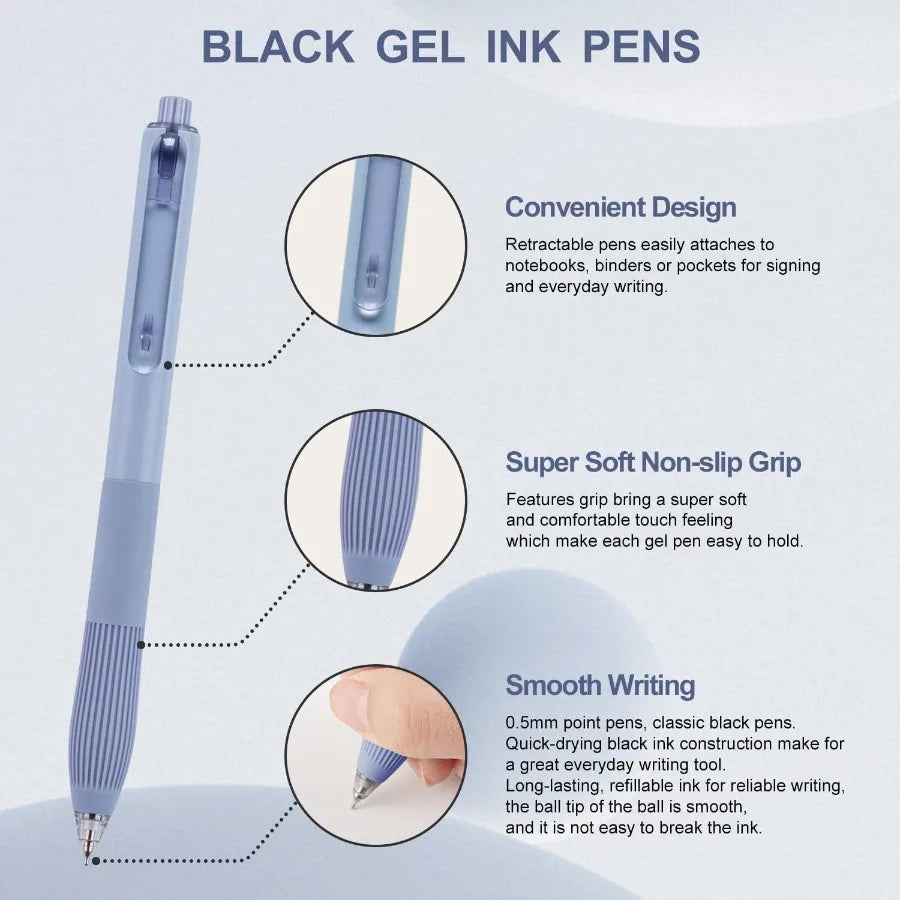 12-Pack Retractable Gel Pens - 0.5mm Fine Point Black Ink for Smooth