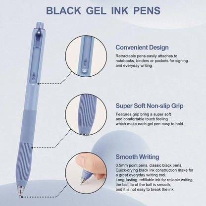 12-Pack Retractable Gel Pens - 0.5mm Fine Point Black Ink for Smooth