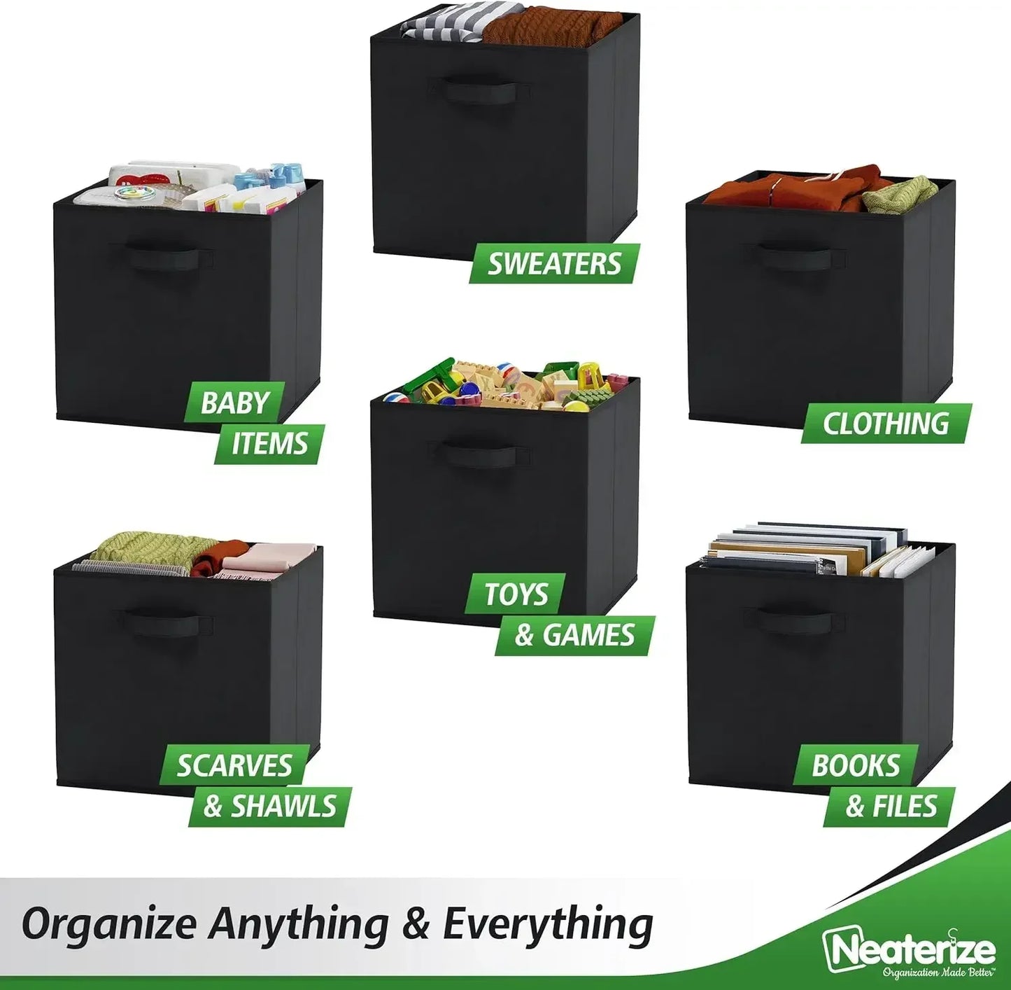 8-Pack Fabric Storage Cubes – 13-Inch Heavy-Duty Foldable Storage Bins for Cube Organizers (Black)
