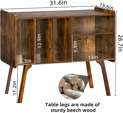 Record Player Stand with 4 Cabinet Holds Up to 220 Albums, Large Turntable Stand with Beech Wood Legs