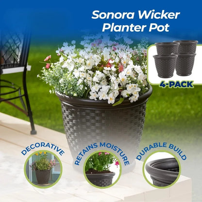 4-Pack 18-Inch Decorative Plastic Wicker Garden Planter Pots – Ideal for Flowers & Plants in Backyard, Patio, or Outdoor Spaces