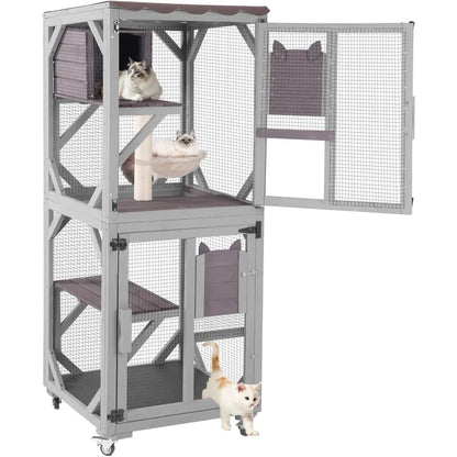 4-Tier Rolling Outdoor Catio – Large Waterproof Cat Enclosure with Roof for Indoor/Outdoor Use