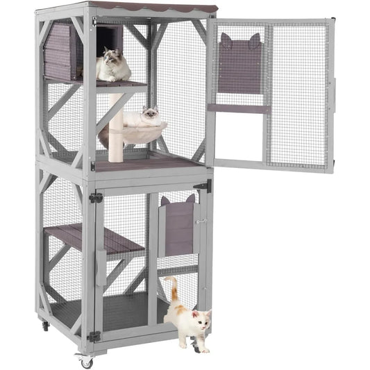 4-Tier Rolling Outdoor Catio – Large Waterproof Cat Enclosure with Roof for Indoor/Outdoor Use