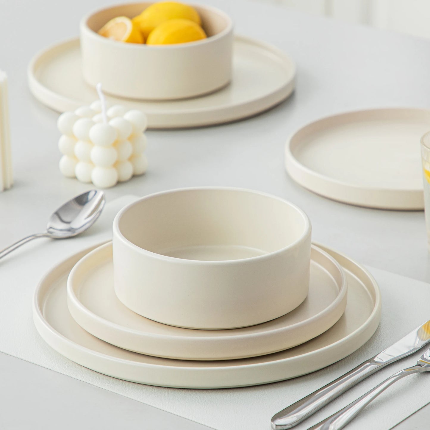 12/24/36-Piece Cream White Stoneware Dinnerware Set – Includes Dinner Plates, Dessert Plates & Bowls for 4/8/12 People