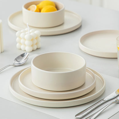 12/24/36-Piece Cream White Stoneware Dinnerware Set – Includes Dinner Plates, Dessert Plates & Bowls for 4/8/12 People