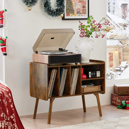 Record Player Stand with 4 Cabinet Holds Up to 220 Albums, Large Turntable Stand with Beech Wood Legs