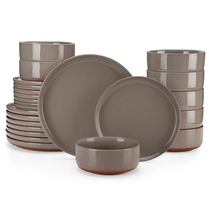 12/24-Piece Stoneware Dinnerware Set – Sesame Glaze Plates with Curved Edges, Includes Dinner Plates, Dessert Plates & Bowls (4 or 6 Settings)