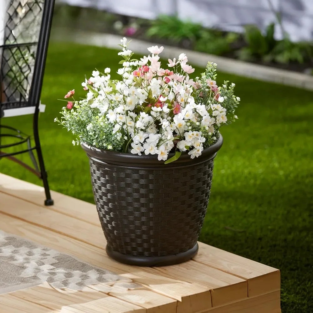 4-Pack 18-Inch Decorative Plastic Wicker Garden Planter Pots – Ideal for Flowers & Plants in Backyard, Patio, or Outdoor Spaces