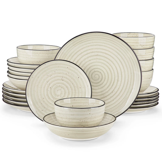 24/48 Piece Beige Plates Dinner Sets Ceramic Dinnerware Sets Handpainted Spiral With 6 Dinner Plate/Dessert/Soup/Bowl