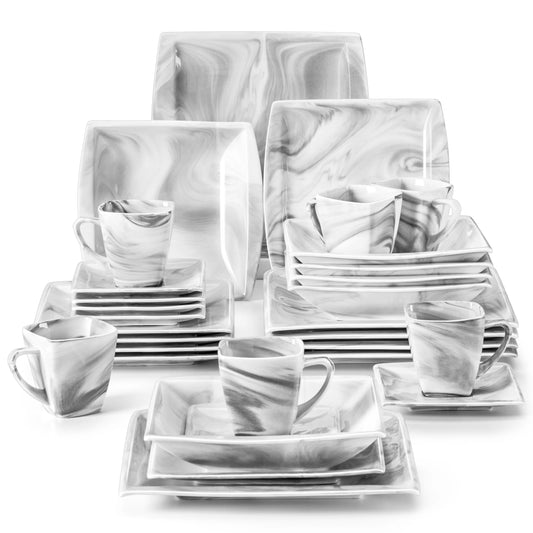 30/60PCS Marble Grey Porcelain Tableware Dinnerware Set with 6PCS Dessert/Soup/Dinner Plate/Cup/Saucer,Service for 12