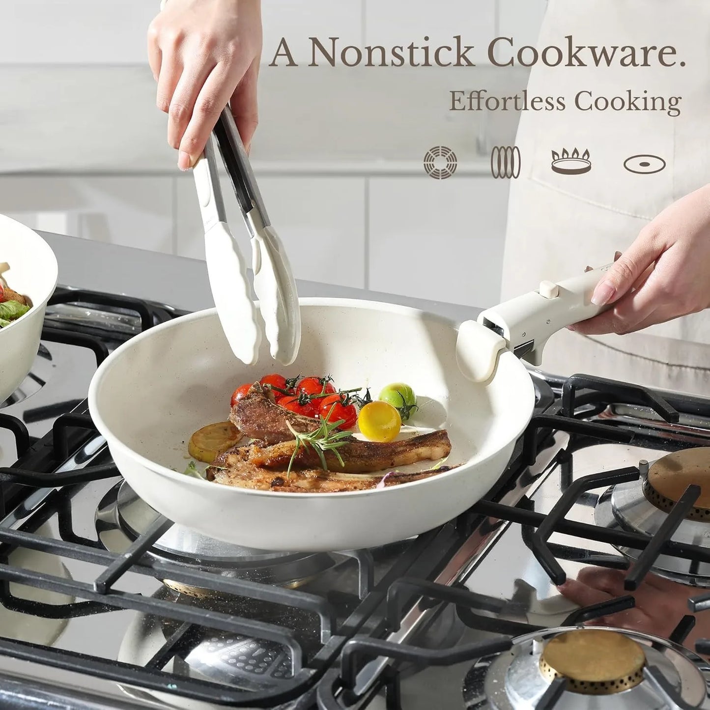 Detachable Handle Nonstick Frying Pan Set – Oven, Refrigerator Safe Cookware in Milky White