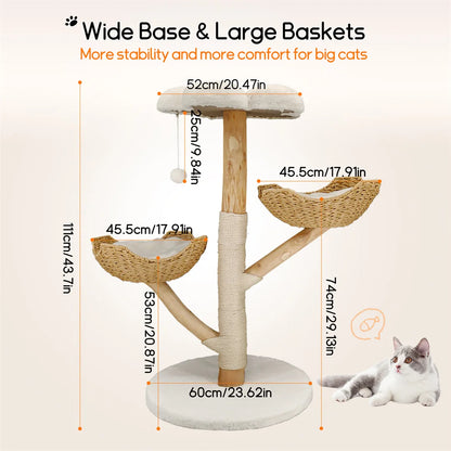 110cm Modern Solid Wood Cat Tree – Climbing Tower & Activity Center with Scratching Post for Kittens and Cats