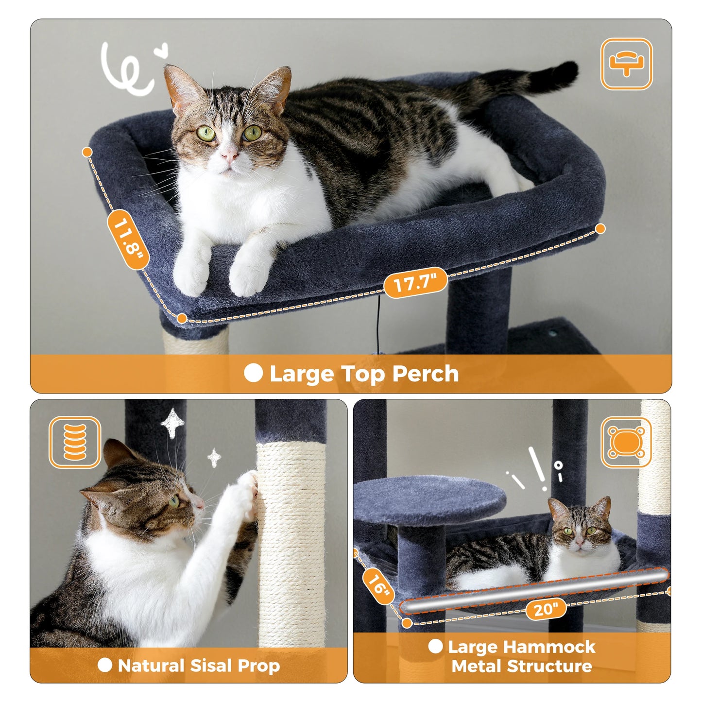 Multi-Level Indoor Cat Tree – Large Cat Tower with Sisal Scratching Posts, Spacious Condo, Toys & Scratcher – Available in 6 Colors