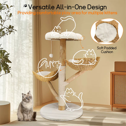 110cm Modern Solid Wood Cat Tree – Climbing Tower & Activity Center with Scratching Post for Kittens and Cats