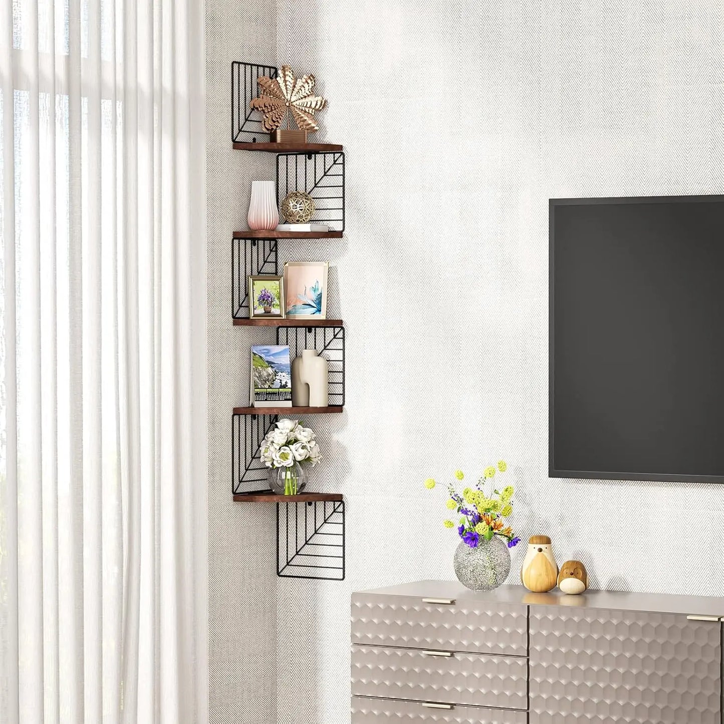 5-Tier Rustic Wood Corner Wall Shelf – Floating Shelves for Bedroom, Bathroom, Kitchen, or Office