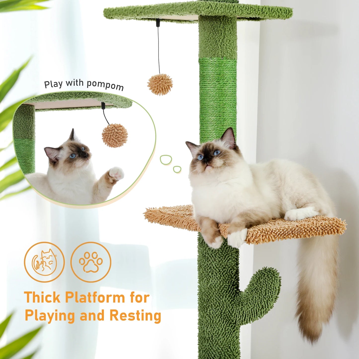 5-Tier Floor-to-Ceiling Cactus Cat Tree – Tall Cat Tower with Scratching Posts, Hammock, Perches & Dangling Ball for Indoor Cats