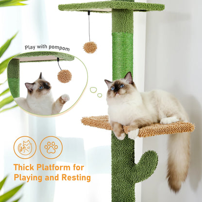 5-Tier Floor-to-Ceiling Cactus Cat Tree – Tall Cat Tower with Scratching Posts, Hammock, Perches & Dangling Ball for Indoor Cats