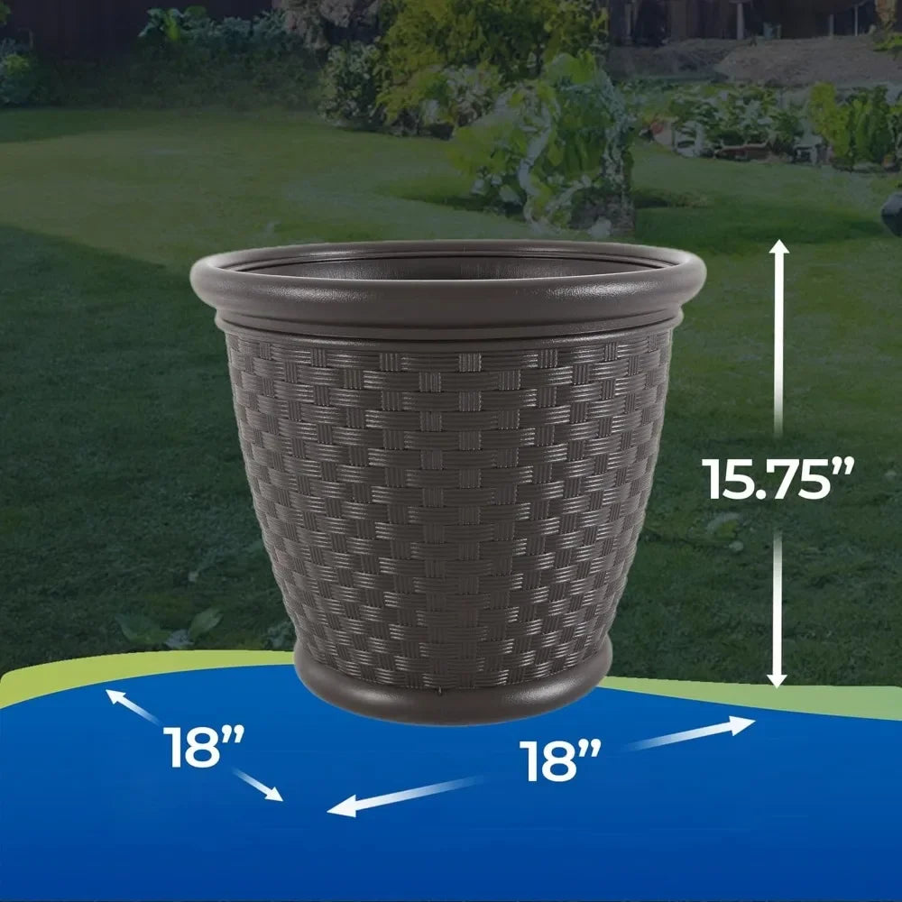 4-Pack 18-Inch Decorative Plastic Wicker Garden Planter Pots – Ideal for Flowers & Plants in Backyard, Patio, or Outdoor Spaces