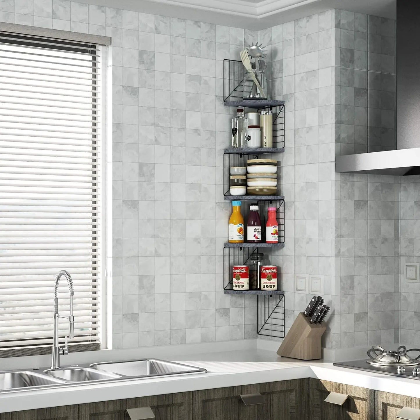 5-Tier Rustic Wood Corner Wall Shelf – Floating Shelves for Bedroom, Bathroom, Kitchen, or Office