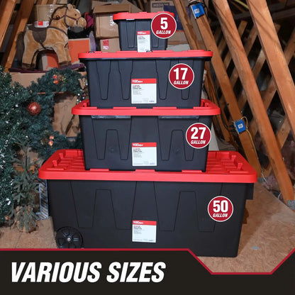 (6-Pack) Hyper Tough 27-Gallon Large Plastic Storage Bins – Black Containers with Red Snap-On