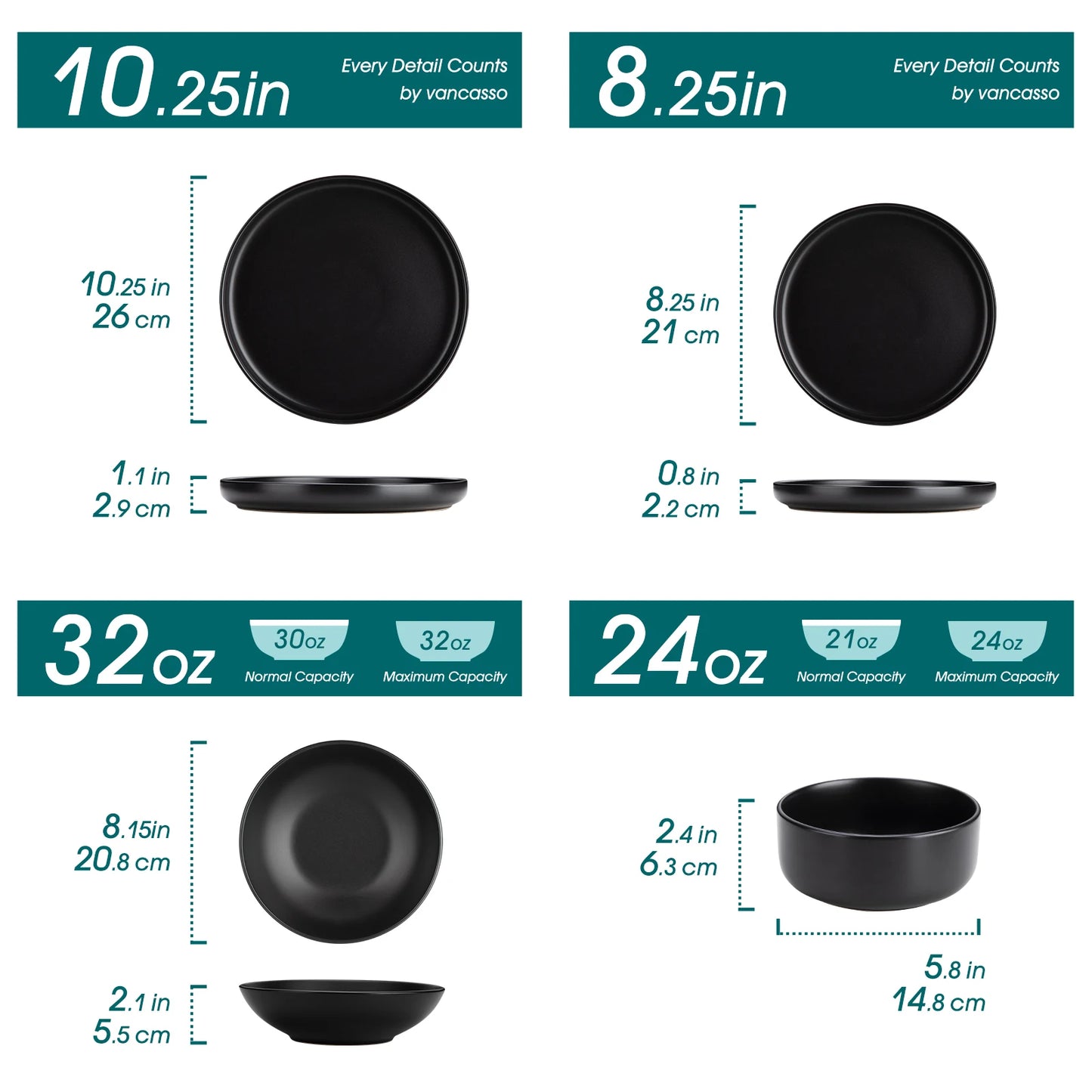 24/48-Piece Black Ceramic Dinnerware Set – Elegant Stoneware Plates and Bowls with 6/12 Dinner Plates, Dessert Plates, Bowls & Soup Plates