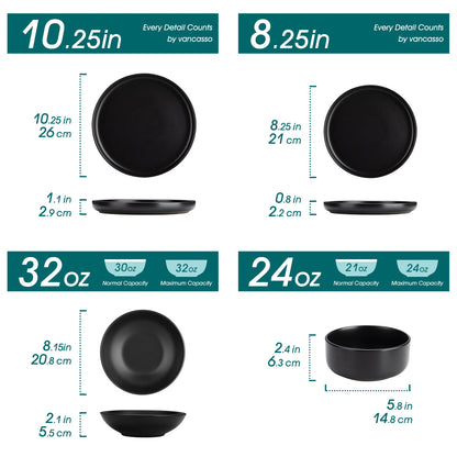 24/48-Piece Black Ceramic Dinnerware Set – Elegant Stoneware Plates and Bowls with 6/12 Dinner Plates, Dessert Plates, Bowls & Soup Plates