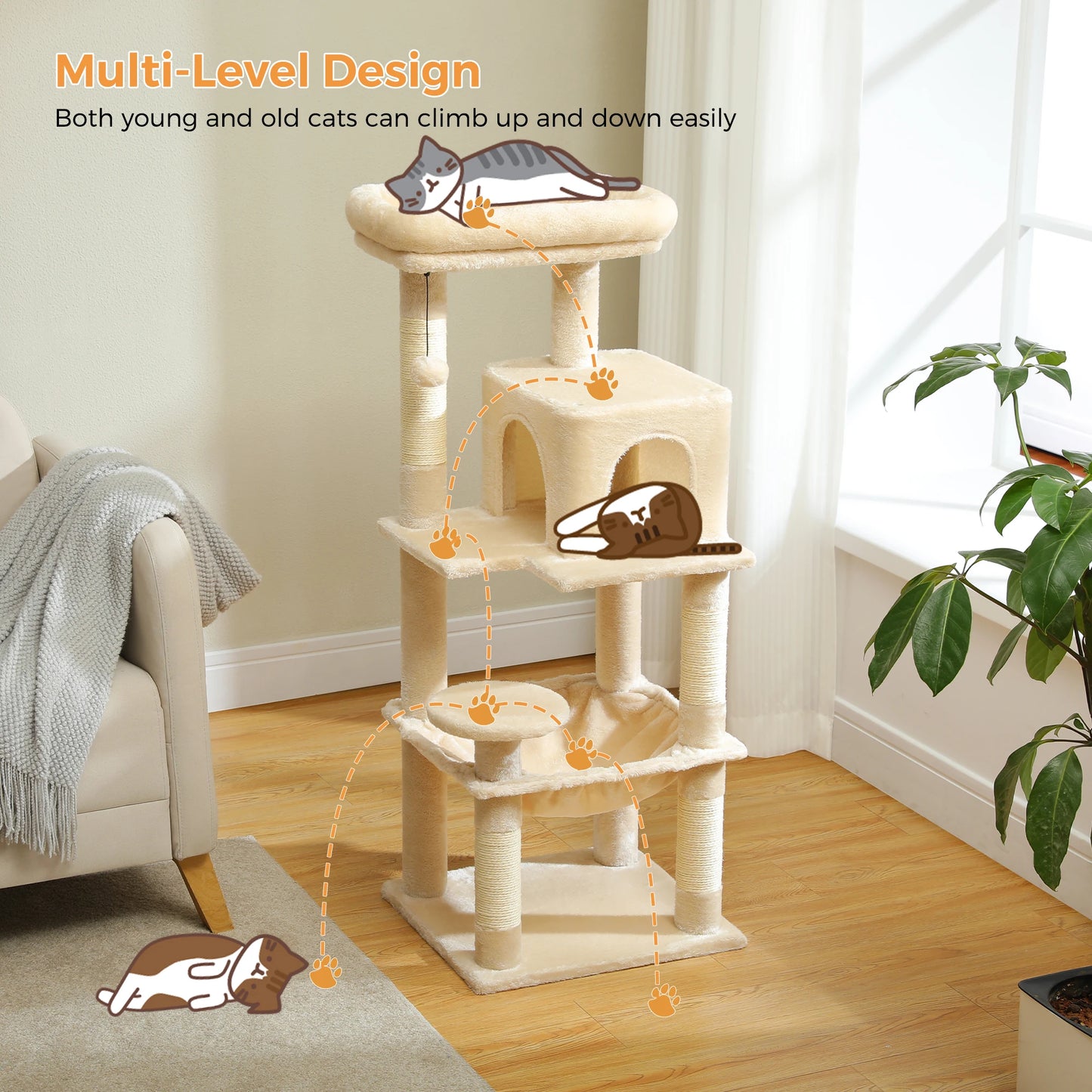Multi-Level Indoor Cat Tree – Large Cat Tower with Sisal Scratching Posts, Spacious Condo, Toys & Scratcher – Available in 6 Colors