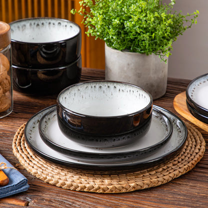 18/36-Piece Black & White Mediterranean Ceramic Dinnerware Set – Includes Dinner Plates, Dessert Plates, Bowls & Soup Plates