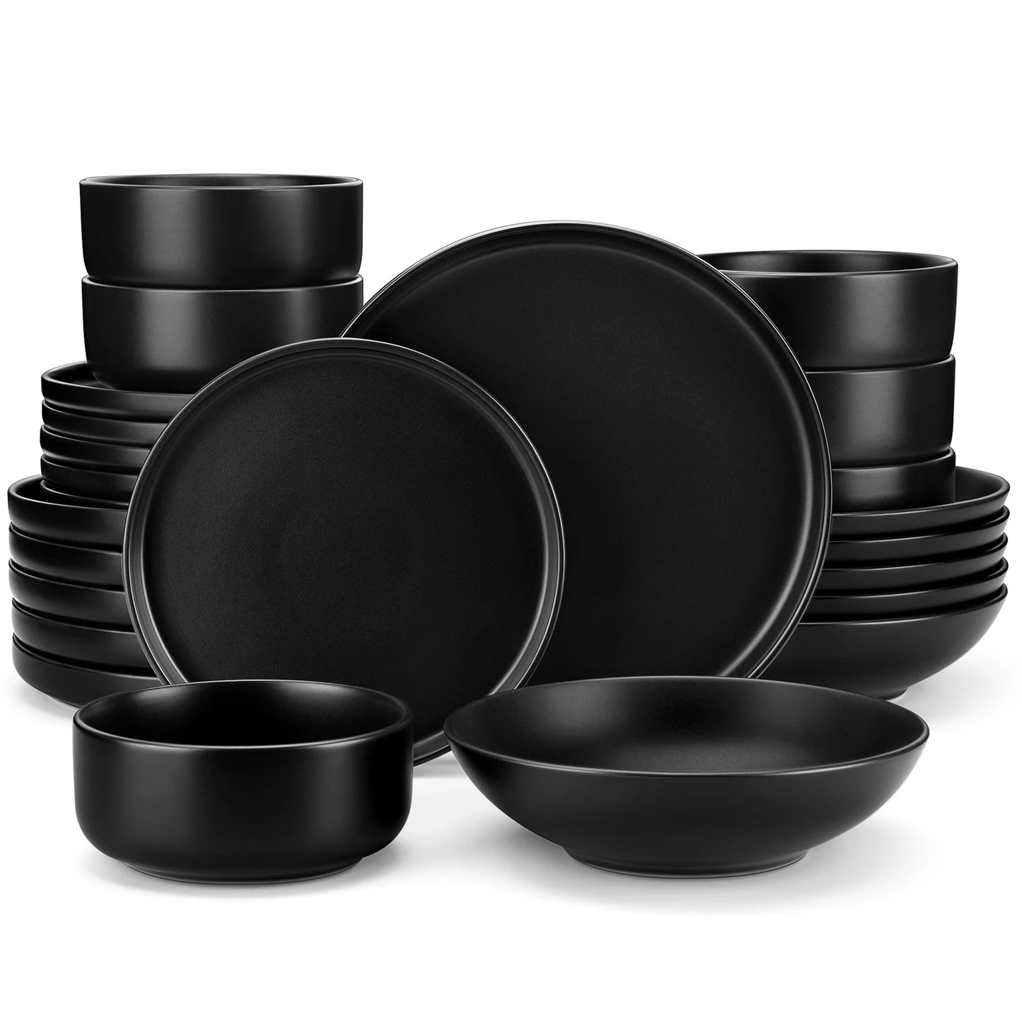 24/48-Piece Black Ceramic Dinnerware Set – Elegant Stoneware Plates and Bowls with 6/12 Dinner Plates, Dessert Plates, Bowls & Soup Plates
