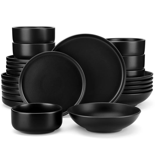 24/48-Piece Black Ceramic Dinnerware Set – Elegant Stoneware Plates and Bowls with 6/12 Dinner Plates, Dessert Plates, Bowls & Soup Plates