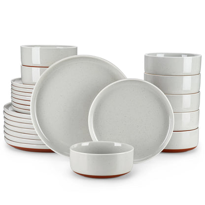 12/24-Piece Stoneware Dinnerware Set – Sesame Glaze Plates with Curved Edges, Includes Dinner Plates, Dessert Plates & Bowls (4 or 6 Settings)