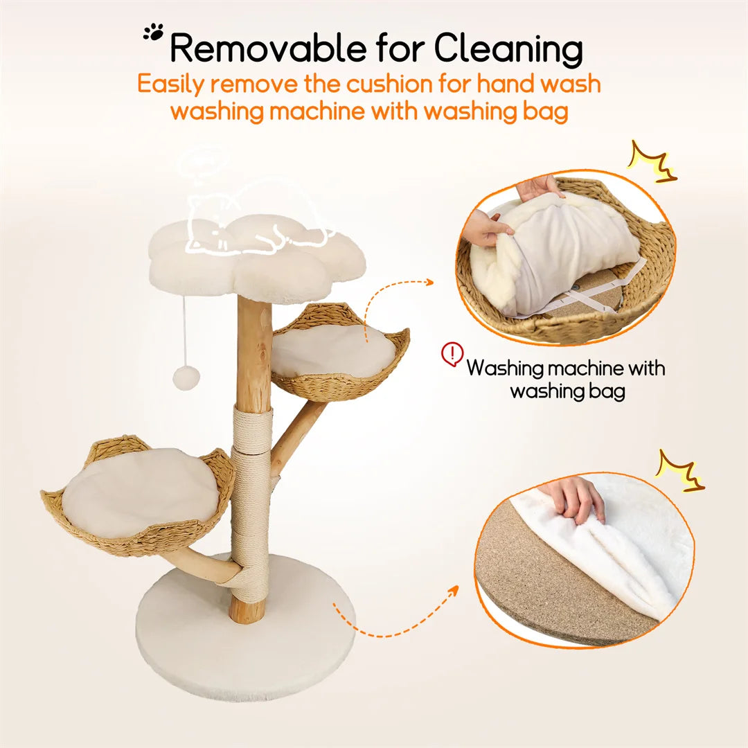 110cm Modern Solid Wood Cat Tree – Climbing Tower & Activity Center with Scratching Post for Kittens and Cats