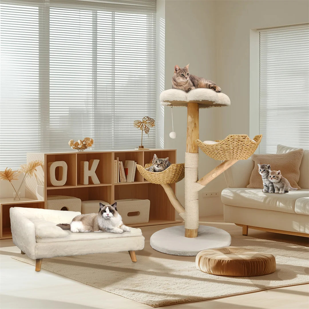 110cm Modern Solid Wood Cat Tree – Climbing Tower & Activity Center with Scratching Post for Kittens and Cats
