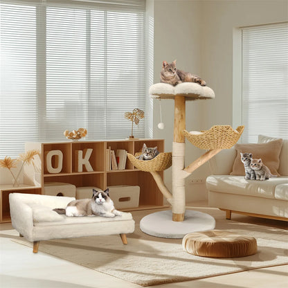 110cm Modern Solid Wood Cat Tree – Climbing Tower & Activity Center with Scratching Post for Kittens and Cats