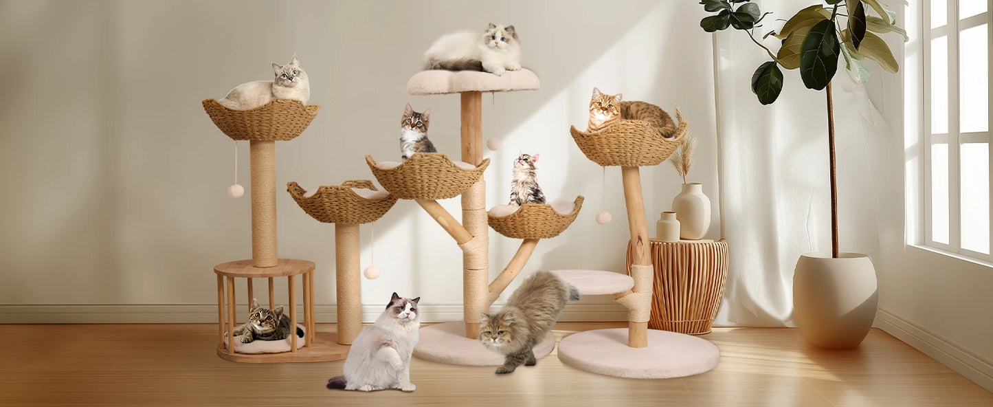 110cm Modern Solid Wood Cat Tree – Climbing Tower & Activity Center with Scratching Post for Kittens and Cats
