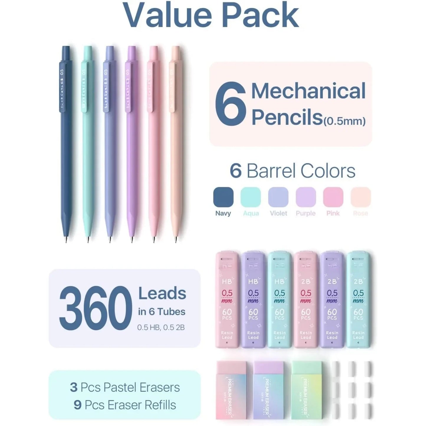0.5mm Mechanical Pencil Set – Includes HB/2B Lead, Color Erasers & Refills (16-Pack)