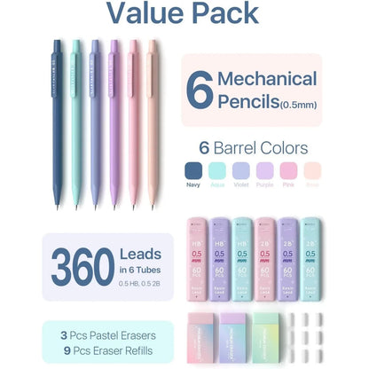 0.5mm Mechanical Pencil Set – Includes HB/2B Lead, Color Erasers & Refills (16-Pack)