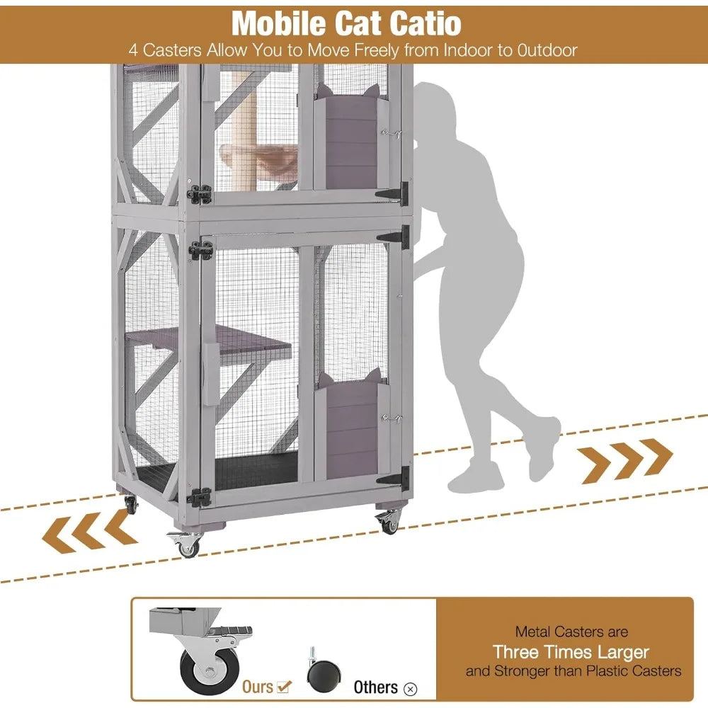 4-Tier Rolling Outdoor Catio – Large Waterproof Cat Enclosure with Roof for Indoor/Outdoor Use