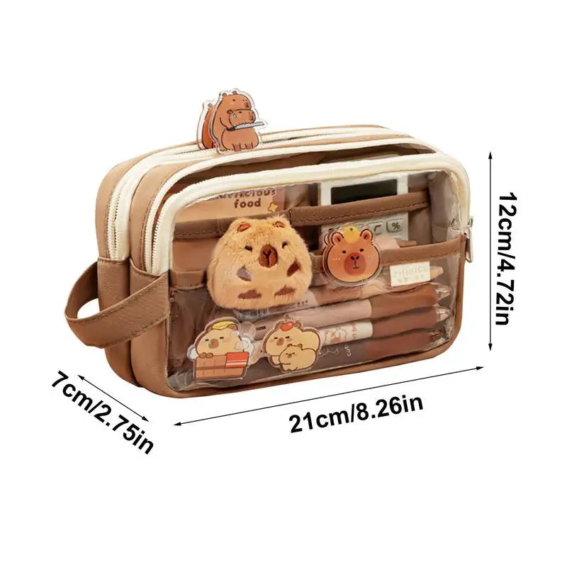 Capybara Cutie Clear Pencil Case – With Pins & Stickers