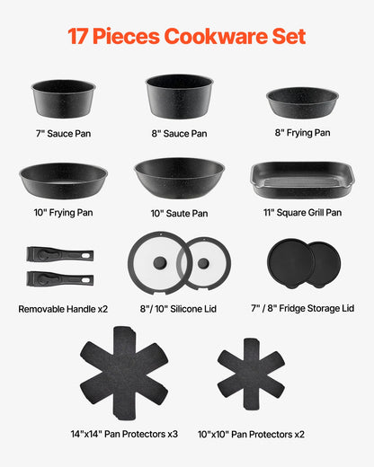 17-Piece Granite Nonstick Cookware Set – Induction-Compatible Pots & Pans with Frying, Sauce & Sauté Pans for Kitchen Cooking