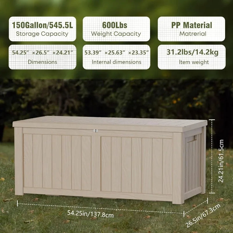 150 Gallon Lockable Resin Deck Box, Waterproof & UV-Resistant Outdoor Storage Box for Outdoor Cushion Storage