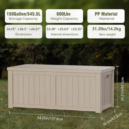 150 Gallon Lockable Resin Deck Box, Waterproof & UV-Resistant Outdoor Storage Box for Outdoor Cushion Storage